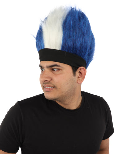 Wigs2you H-7400 大人用メンズネイビーブルー＆ホワイトモヒカンウィッグ｜スパイク状の直立型難燃性合成繊維ヘッドバンドデザイン｜ハロウィンテーマのパーティーフットボールファンギア