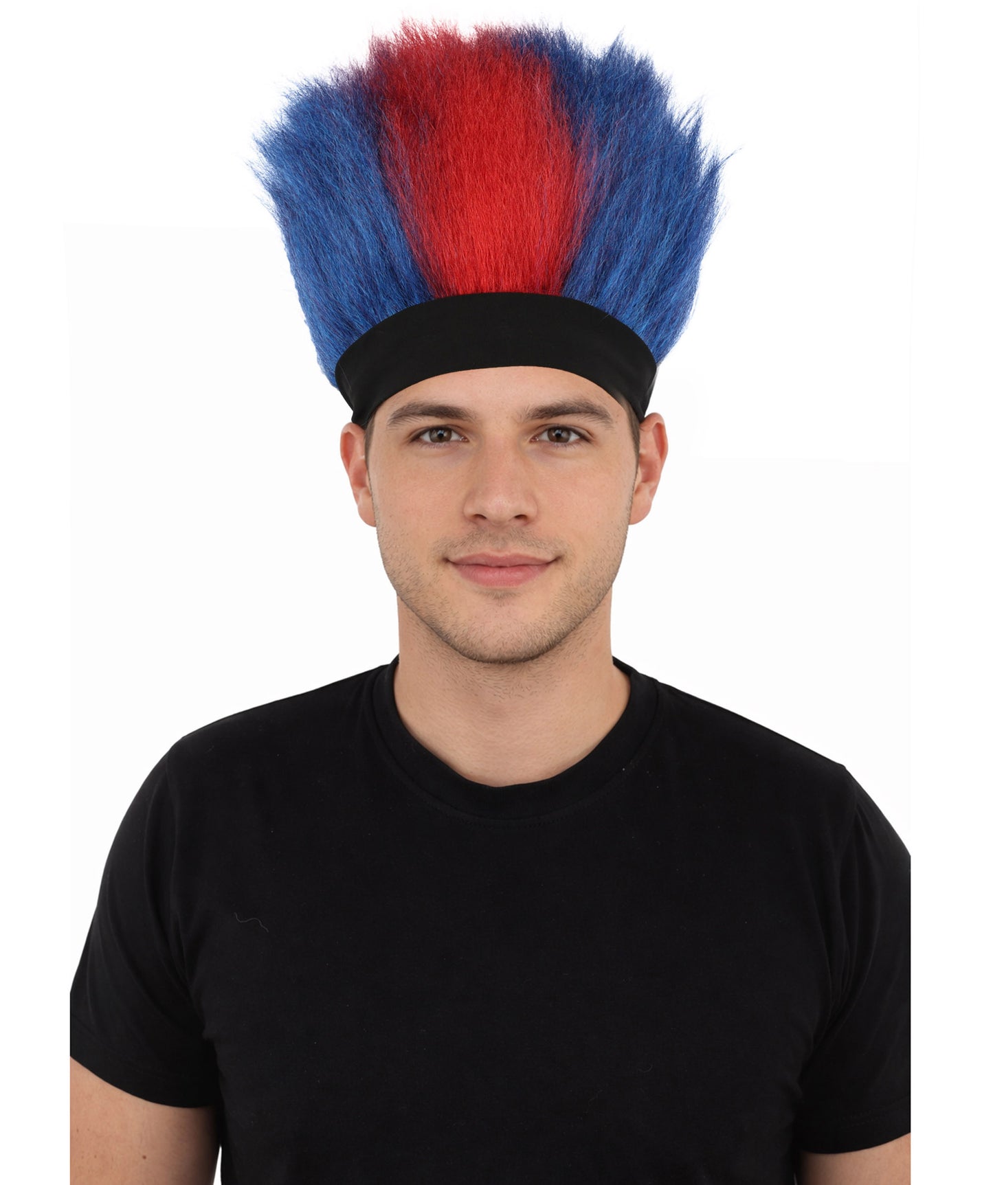 Wigs2you H-7401 大人用男性用赤と青のモヒカンウィッグ｜背が高く尖った質感の難燃性合成繊維ヘッドバンドデザイン｜ハロウィンテーマのパーティーやパレードのアクセサリー