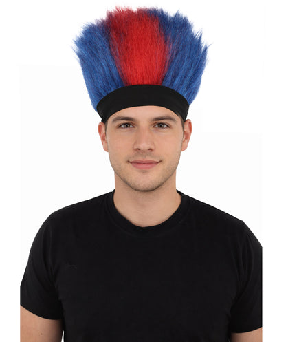 Wigs2you H-7401 大人用男性用赤と青のモヒカンウィッグ｜背が高く尖った質感の難燃性合成繊維ヘッドバンドデザイン｜ハロウィンテーマのパーティーやパレードのアクセサリー