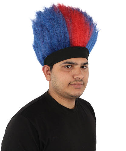 Wigs2you H-7401 大人用男性用赤と青のモヒカンウィッグ｜背が高く尖った質感の難燃性合成繊維ヘッドバンドデザイン｜ハロウィンテーマのパーティーやパレードのアクセサリー