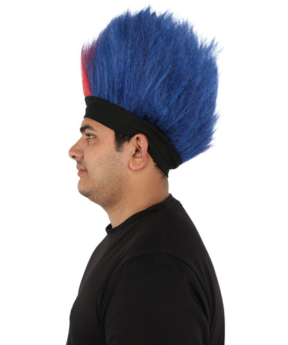 Wigs2you H-7401 大人用男性用赤と青のモヒカンウィッグ｜背が高く尖った質感の難燃性合成繊維ヘッドバンドデザイン｜ハロウィンテーマのパーティーやパレードのアクセサリー