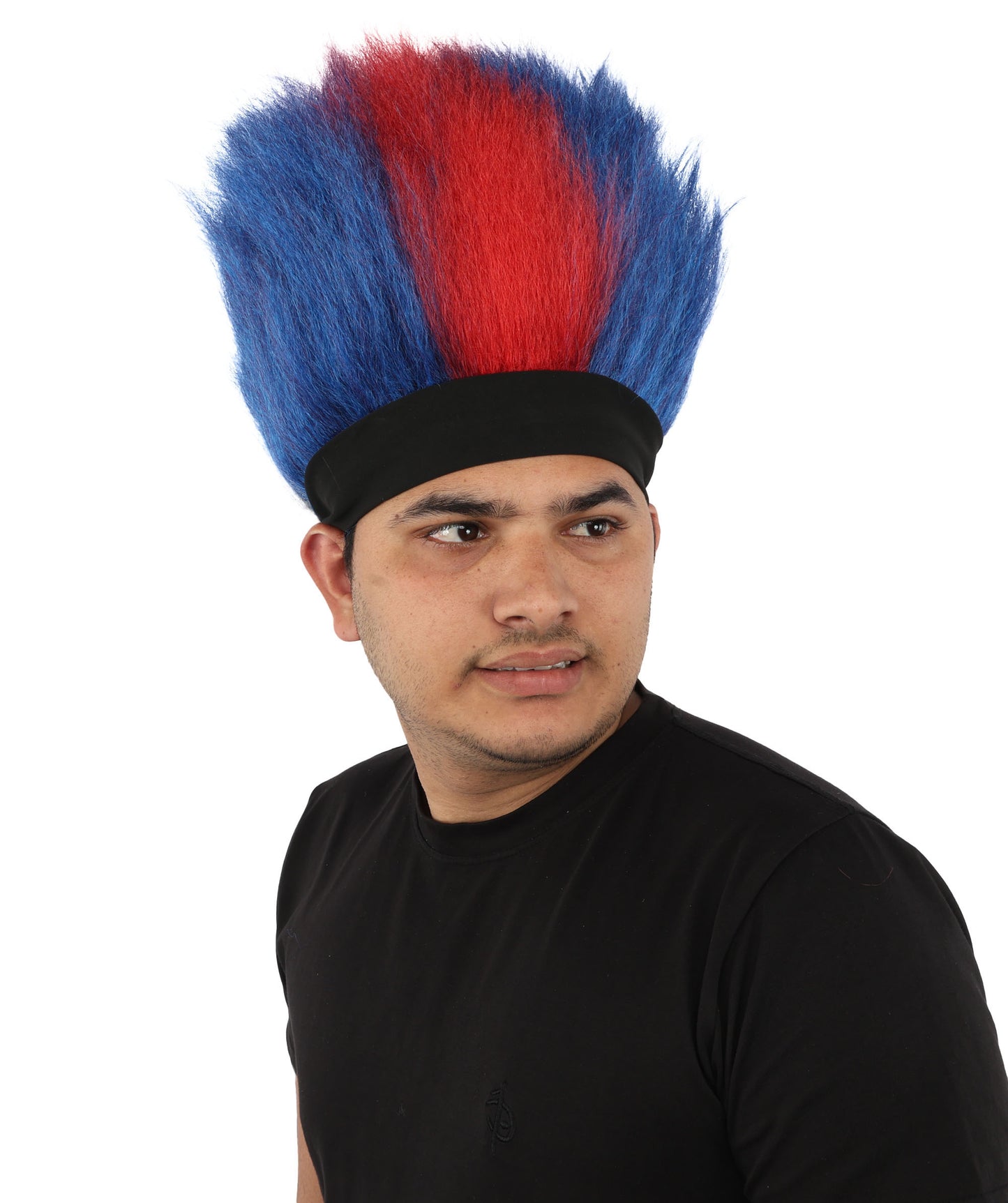Wigs2you H-7401 大人用男性用赤と青のモヒカンウィッグ｜背が高く尖った質感の難燃性合成繊維ヘッドバンドデザイン｜ハロウィンテーマのパーティーやパレードのアクセサリー