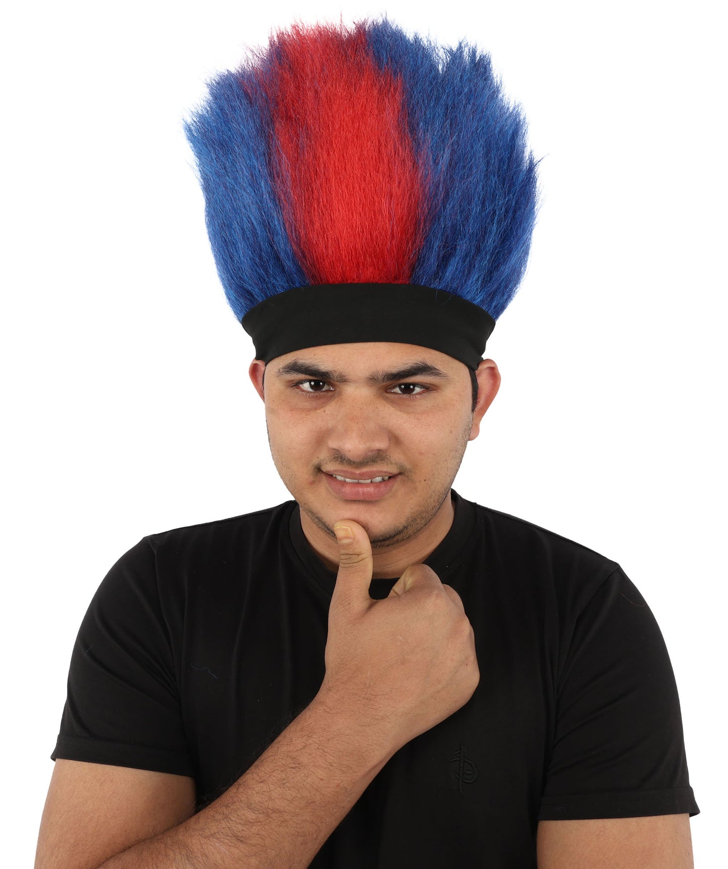 Wigs2you H-7401 大人用男性用赤と青のモヒカンウィッグ｜背が高く尖った質感の難燃性合成繊維ヘッドバンドデザイン｜ハロウィンテーマのパーティーやパレードのアクセサリー