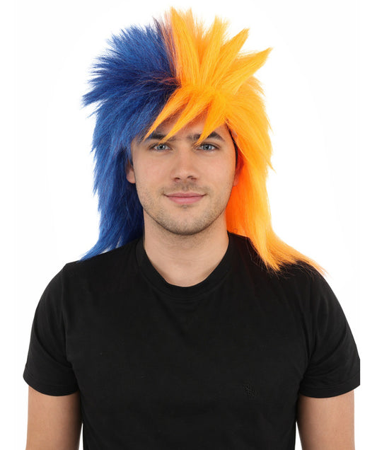 Wigs2you H-7402大人用ネイビーブルーとオレンジのスポーツウィッグ｜スプリットカラーのスパイクシャグスタイル難燃性合成繊維｜ハロウィンテーマのパーティー用アメリカンフットボールファンギア