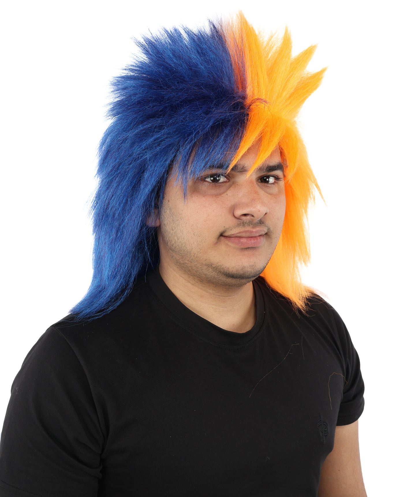 Wigs2you H-7402大人用ネイビーブルーとオレンジのスポーツウィッグ｜スプリットカラーのスパイクシャグスタイル難燃性合成繊維｜ハロウィンテーマのパーティー用アメリカンフットボールファンギア