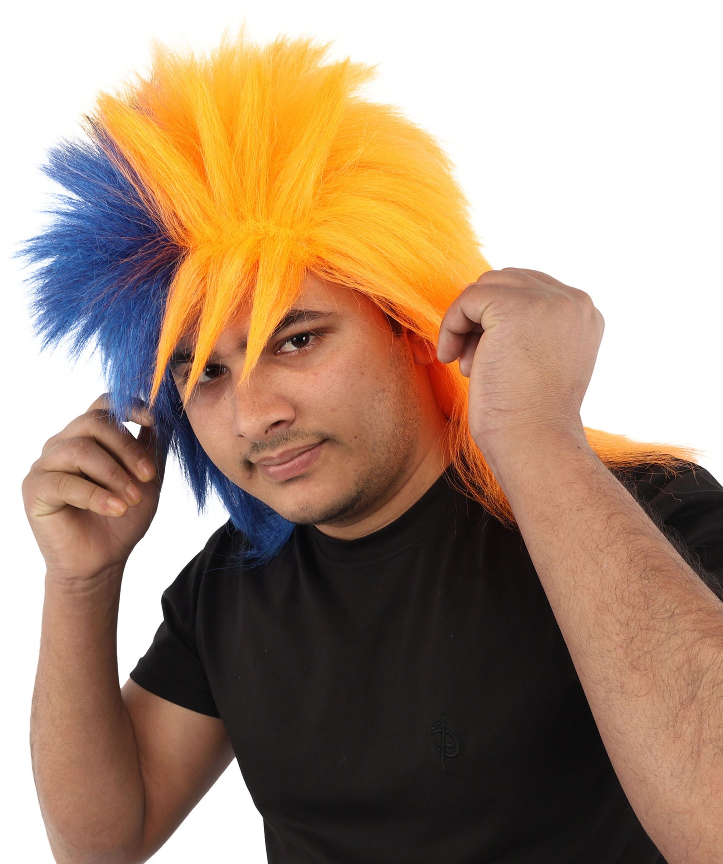 Wigs2you H-7402大人用ネイビーブルーとオレンジのスポーツウィッグ｜スプリットカラーのスパイクシャグスタイル難燃性合成繊維｜ハロウィンテーマのパーティー用アメリカンフットボールファンギア