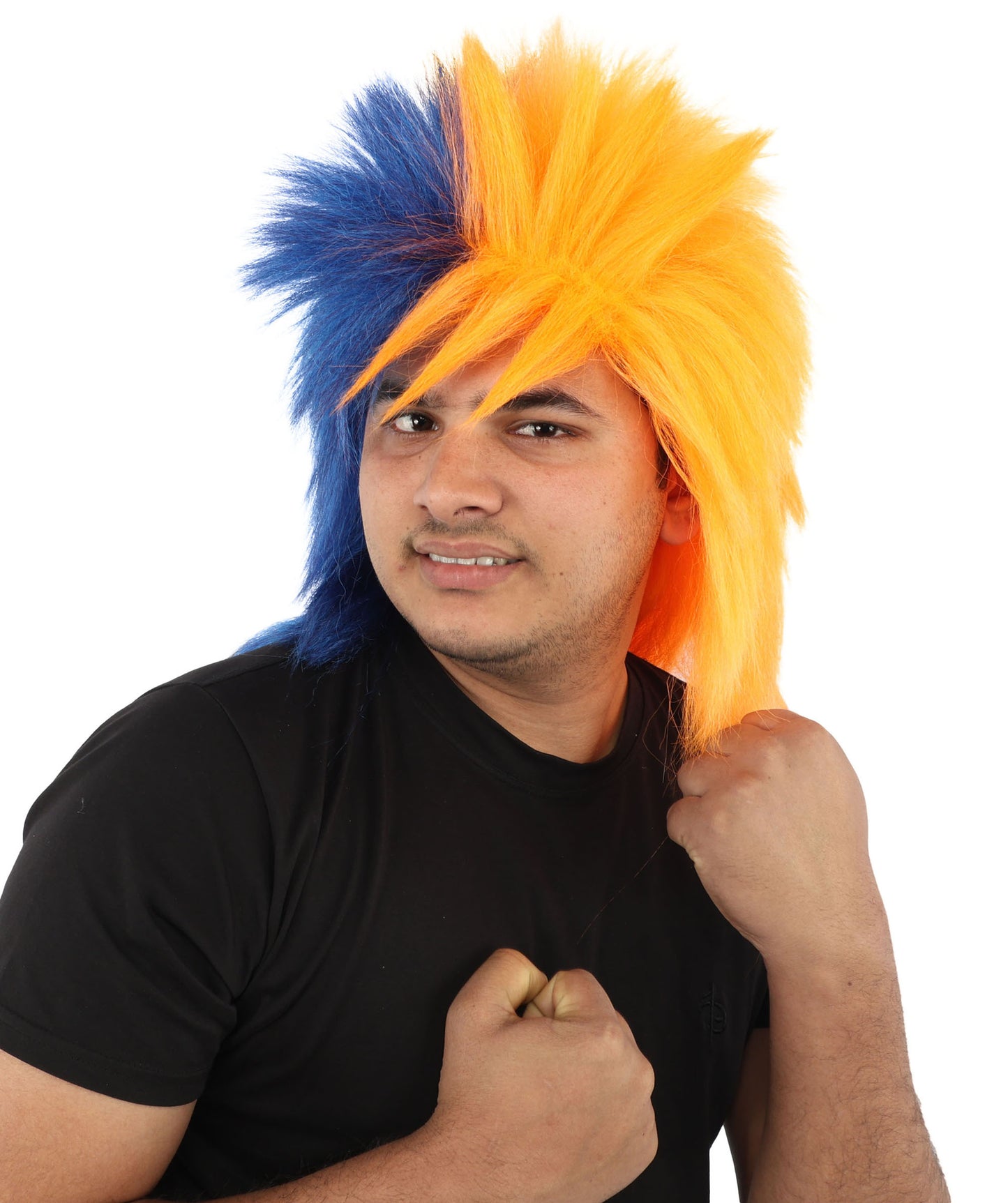 Wigs2you H-7402大人用ネイビーブルーとオレンジのスポーツウィッグ｜スプリットカラーのスパイクシャグスタイル難燃性合成繊維｜ハロウィンテーマのパーティー用アメリカンフットボールファンギア
