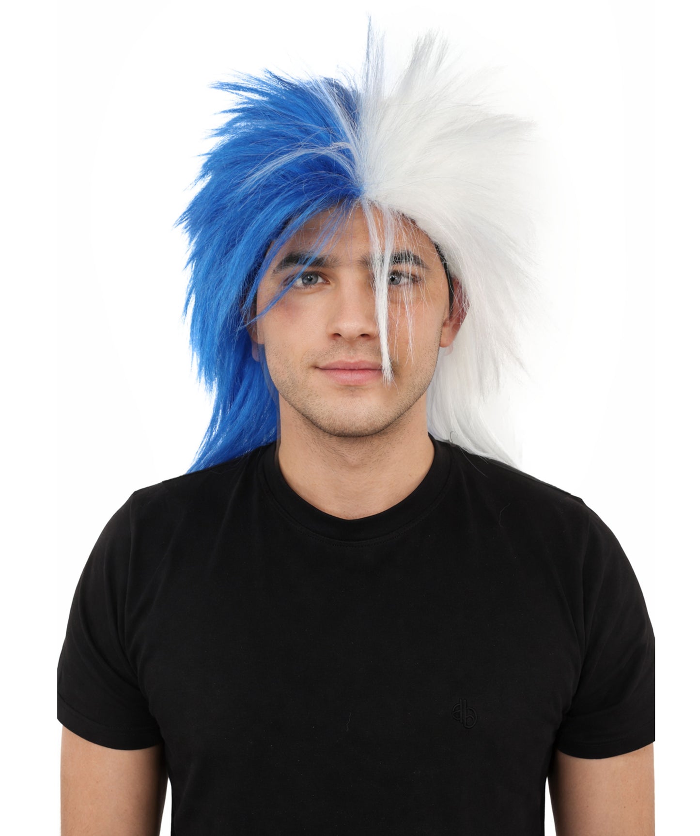 Wigs2you H-7403 大人用ツートンカラーのスピリットウィッグ｜ブルーとホワイトのメッシーマレットスタイル、難燃性合成繊維｜ハロウィンテーマのパーティー野球スタジアムアクセサリー