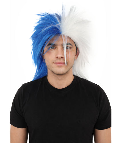 Wigs2you H-7403 大人用ツートンカラーのスピリットウィッグ｜ブルーとホワイトのメッシーマレットスタイル、難燃性合成繊維｜ハロウィンテーマのパーティー野球スタジアムアクセサリー