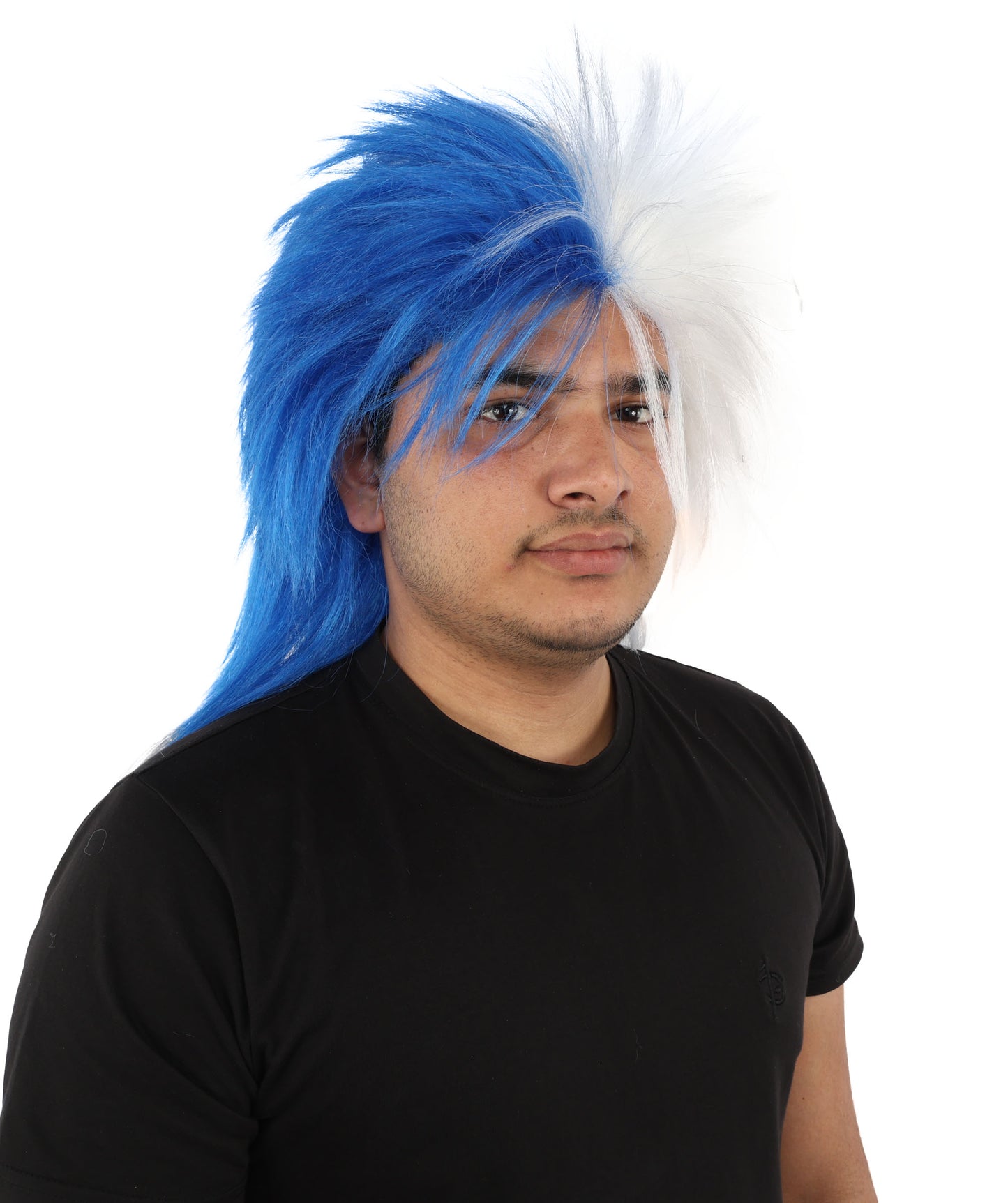 Wigs2you H-7403 大人用ツートンカラーのスピリットウィッグ｜ブルーとホワイトのメッシーマレットスタイル、難燃性合成繊維｜ハロウィンテーマのパーティー野球スタジアムアクセサリー