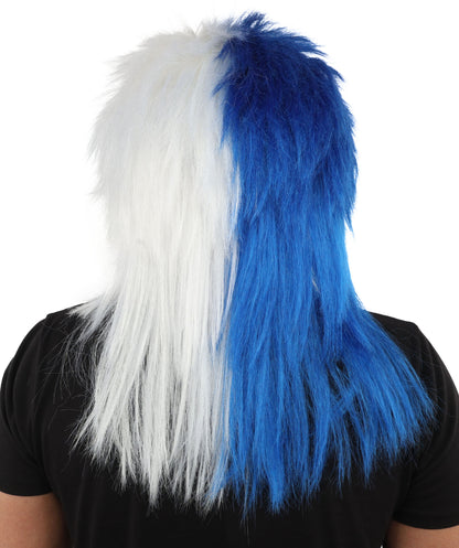 Wigs2you H-7403 大人用ツートンカラーのスピリットウィッグ｜ブルーとホワイトのメッシーマレットスタイル、難燃性合成繊維｜ハロウィンテーマのパーティー野球スタジアムアクセサリー