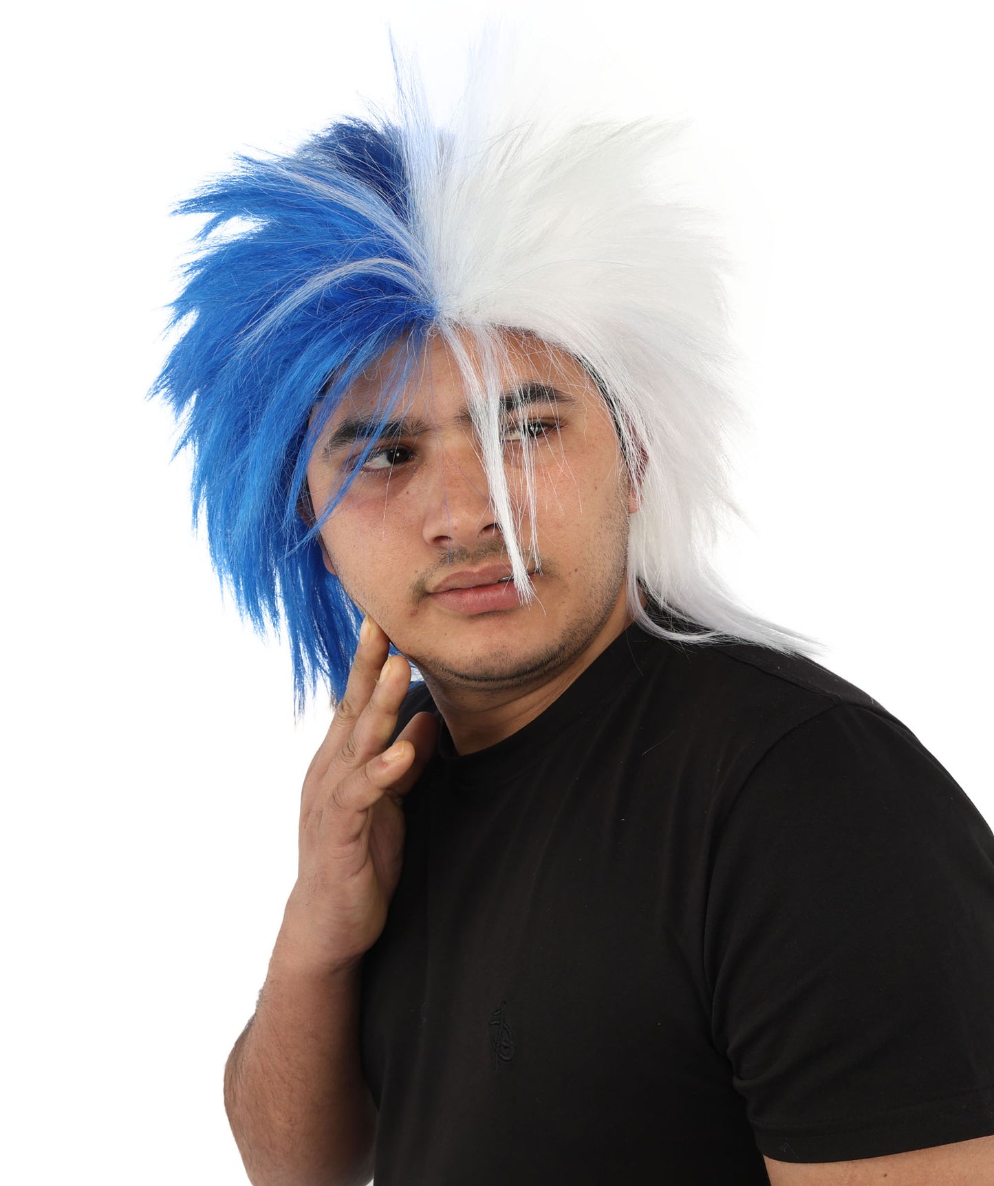 Wigs2you H-7403 大人用ツートンカラーのスピリットウィッグ｜ブルーとホワイトのメッシーマレットスタイル、難燃性合成繊維｜ハロウィンテーマのパーティー野球スタジアムアクセサリー