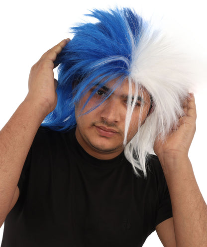 Wigs2you H-7403 大人用ツートンカラーのスピリットウィッグ｜ブルーとホワイトのメッシーマレットスタイル、難燃性合成繊維｜ハロウィンテーマのパーティー野球スタジアムアクセサリー