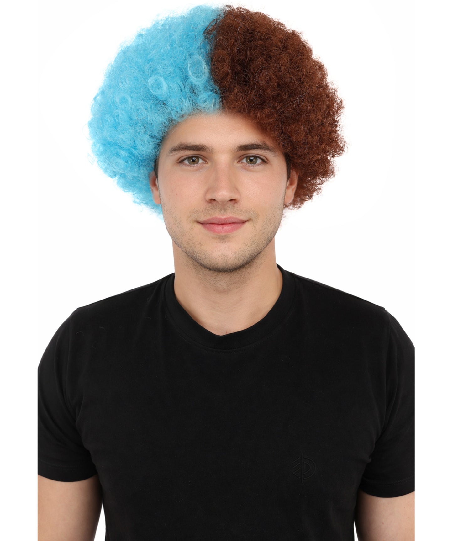 Wigs2you H-7404 大人用ツートンカラーのカーリーウィッグ｜ワインレッドとスカイブルーの縮れ毛風難燃性合成繊維｜ハロウィンテーマのパーティースポーツ観戦ファン向け小道具
