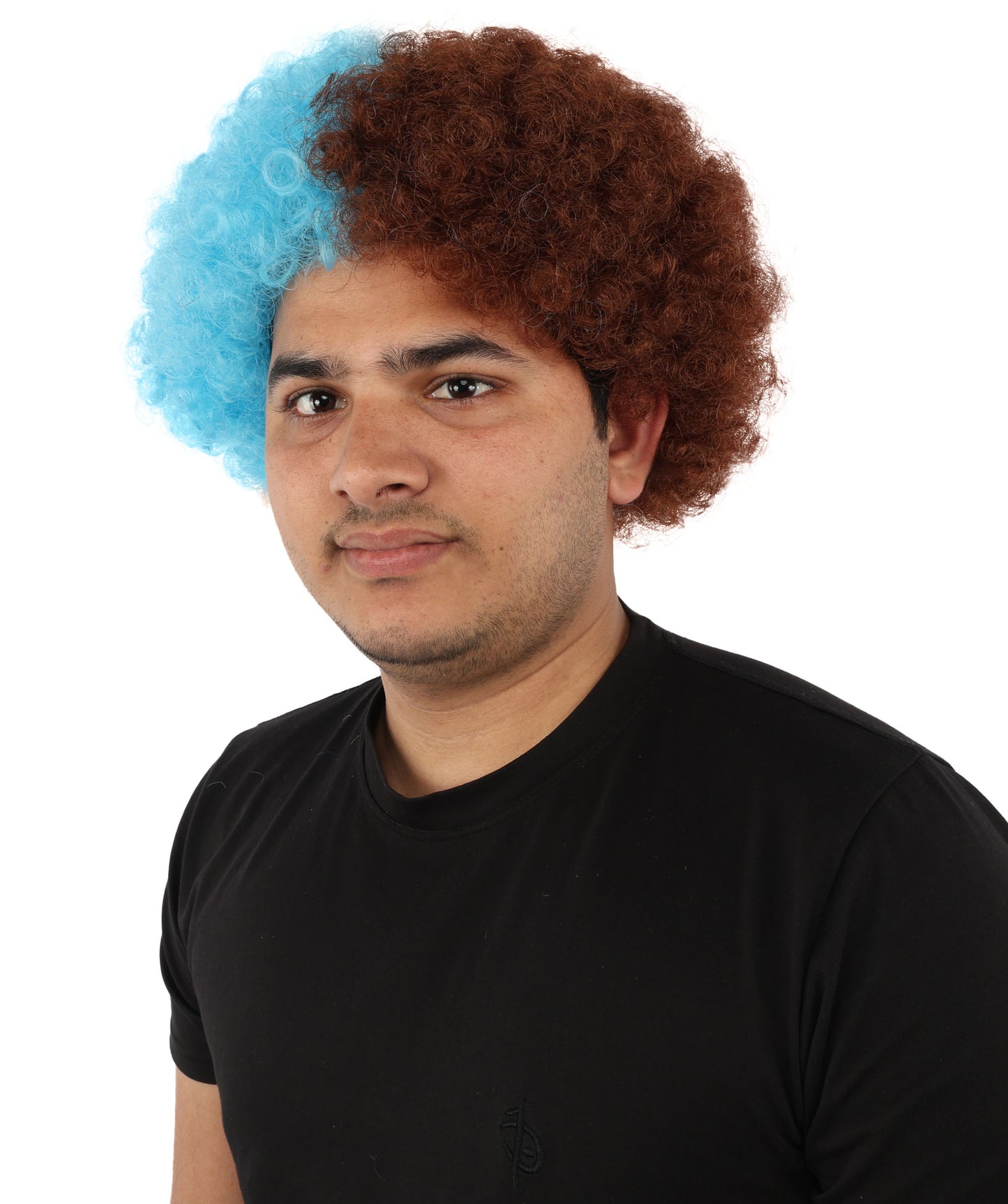 Wigs2you H-7404 大人用ツートンカラーのカーリーウィッグ｜ワインレッドとスカイブルーの縮れ毛風難燃性合成繊維｜ハロウィンテーマのパーティースポーツ観戦ファン向け小道具