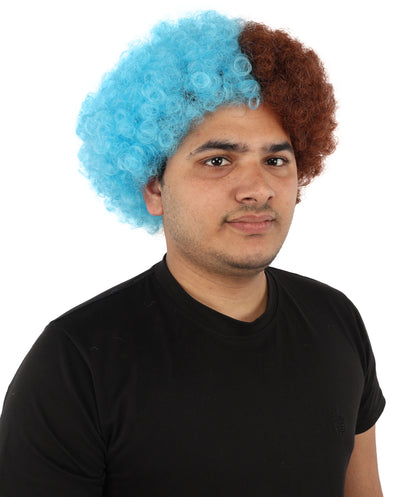 Wigs2you H-7404 大人用ツートンカラーのカーリーウィッグ｜ワインレッドとスカイブルーの縮れ毛風難燃性合成繊維｜ハロウィンテーマのパーティースポーツ観戦ファン向け小道具