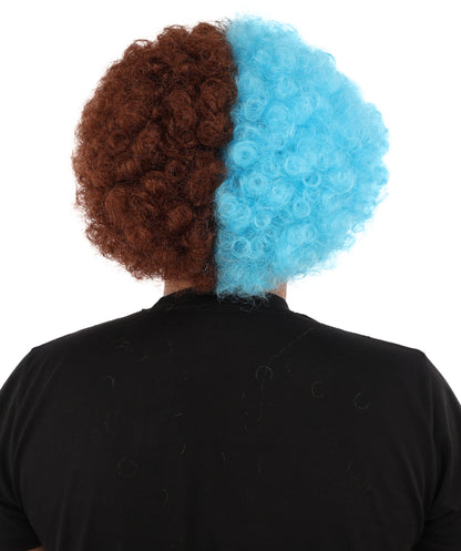 Wigs2you H-7404 大人用ツートンカラーのカーリーウィッグ｜ワインレッドとスカイブルーの縮れ毛風難燃性合成繊維｜ハロウィンテーマのパーティースポーツ観戦ファン向け小道具