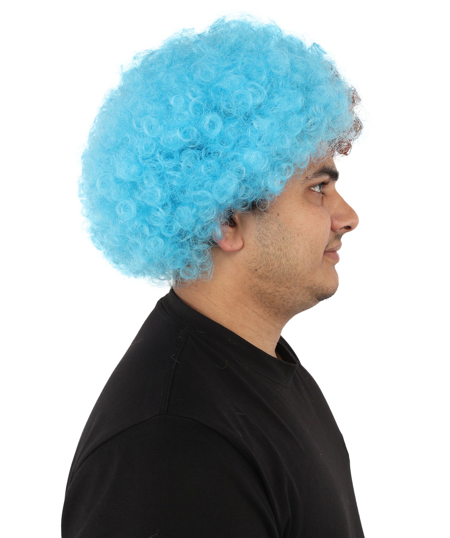 Wigs2you H-7404 大人用ツートンカラーのカーリーウィッグ｜ワインレッドとスカイブルーの縮れ毛風難燃性合成繊維｜ハロウィンテーマのパーティースポーツ観戦ファン向け小道具