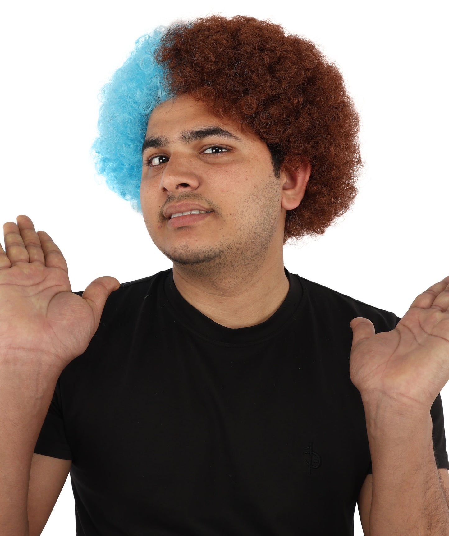 Wigs2you H-7404 大人用ツートンカラーのカーリーウィッグ｜ワインレッドとスカイブルーの縮れ毛風難燃性合成繊維｜ハロウィンテーマのパーティースポーツ観戦ファン向け小道具