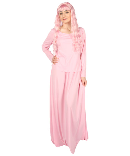 女性用 JCP-066_7 のシンプルなピンクのドレス ハンドメイドコスプレ衣装とバッグ ボンネット付き
