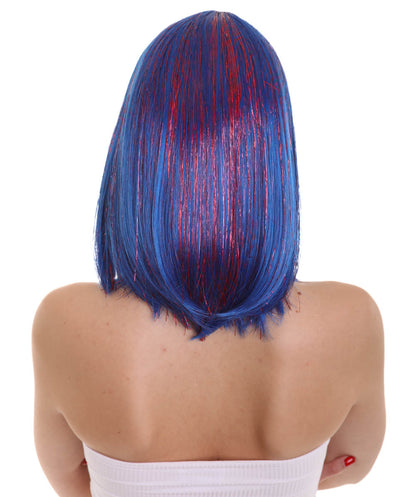 ハロウィンパーティー H-5216 ティンセルボブ チンレングスウィッグ ティンセルハイライト付き ブルー＆パープル プレミアム通気性キャップレスキャップ