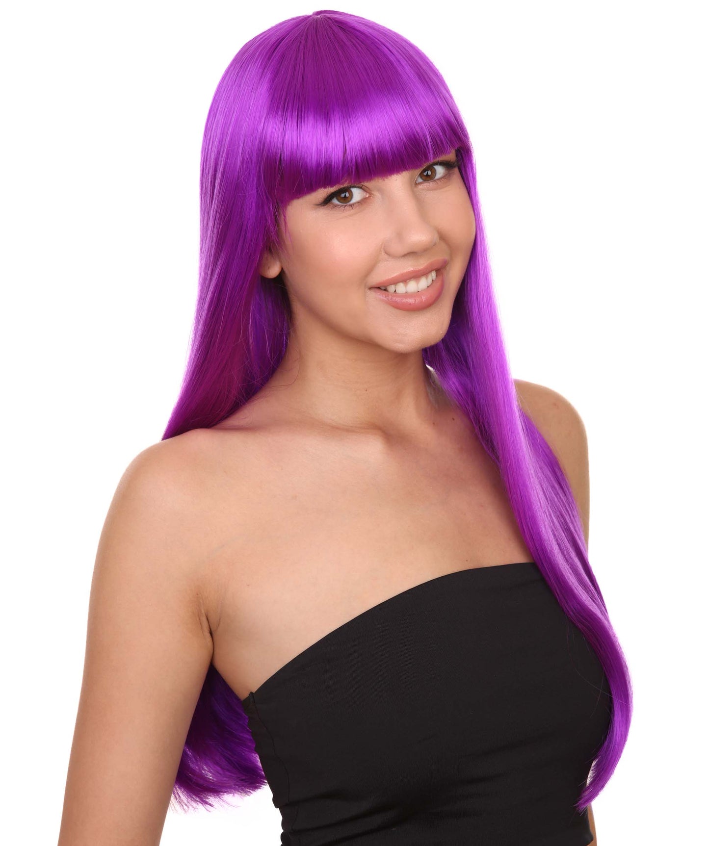 ロングボブネオンパープル女性用ウィッグ H-3361 華やかなパーティーイベント準備完了のハロウィンウィッグ プレミアム通気性のあるキャップレスキャップ