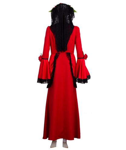 女性 JCP-104 のハロウィンコスプレアニメーションホラーセニョールブライドコスチューム 赤と黒の色、緑の葉付き