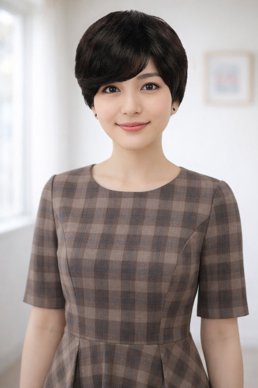 Wigs2you HH-193 中年女性向けナチュラルブラック高耐熱人毛 ファッション ウィッグ、8.5インチ、難燃性