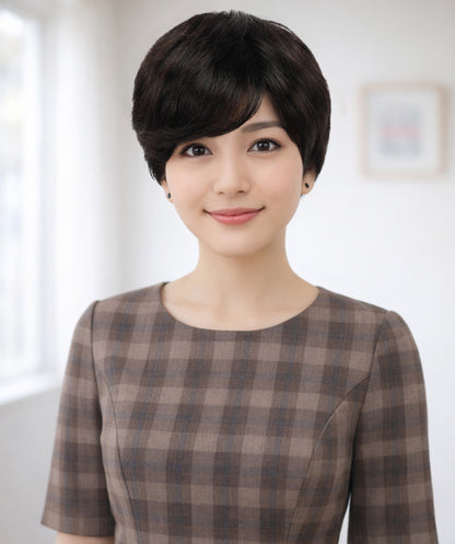 Wigs2you HH-193 中年女性向けナチュラルブラック高耐熱人毛 ファッション ウィッグ、8.5インチ、難燃性