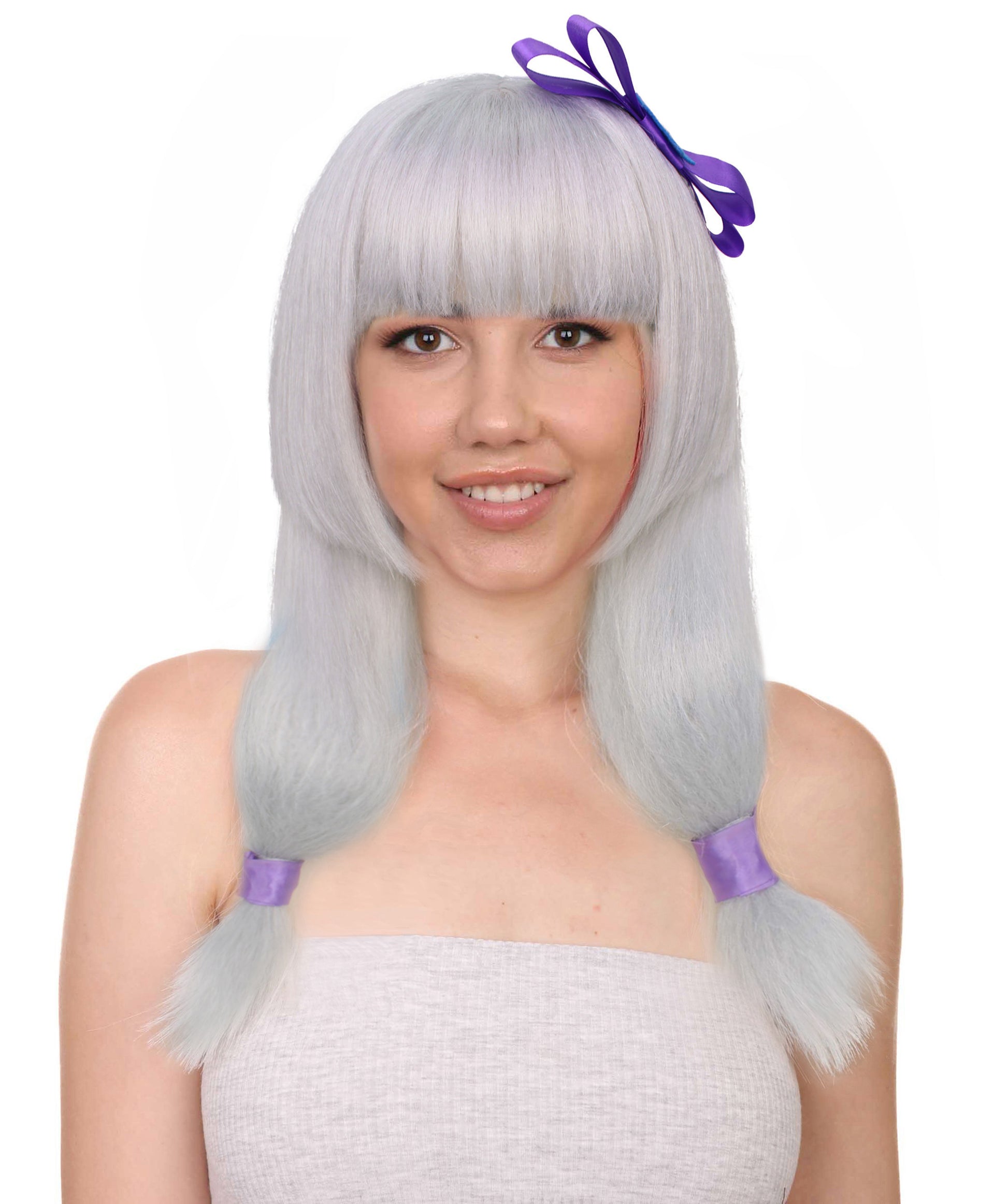プレミアムレディースH-5926 ホワイトロングアニメコスプレウィッグ ハロウィンに最適 難燃性合成繊維