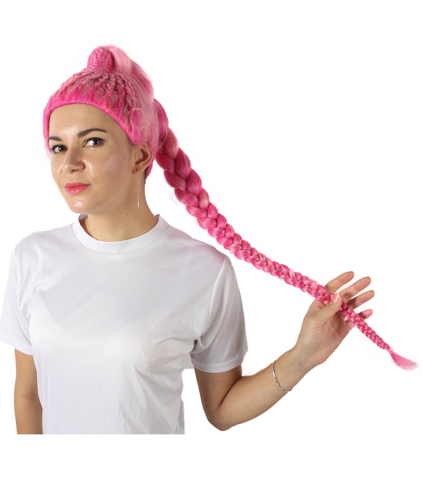 ハロウィンパーティプレミアムレディース H-5745 ドラッグレーステレビ番組ピンク編み込みポニーテールウィッグ