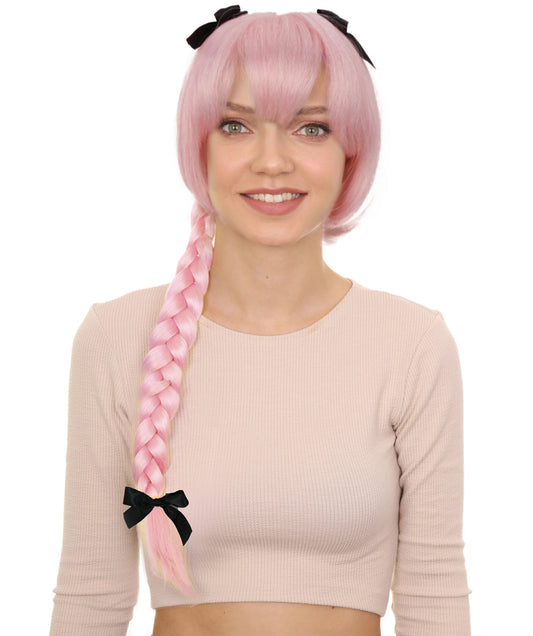 H-6264 ピンク コスプレウィッグ 女性用 ロング編み込み ちょう結び 難燃性合成繊維製