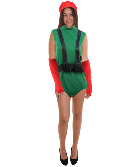 Wigs2you JCP-451 大人用エリート女性戦闘服 | グリーンボディスーツ、レッドベレー帽、グローブ、ブラックベルトホルスター付き | コスプレ、ハロウィン、ロールプレイ