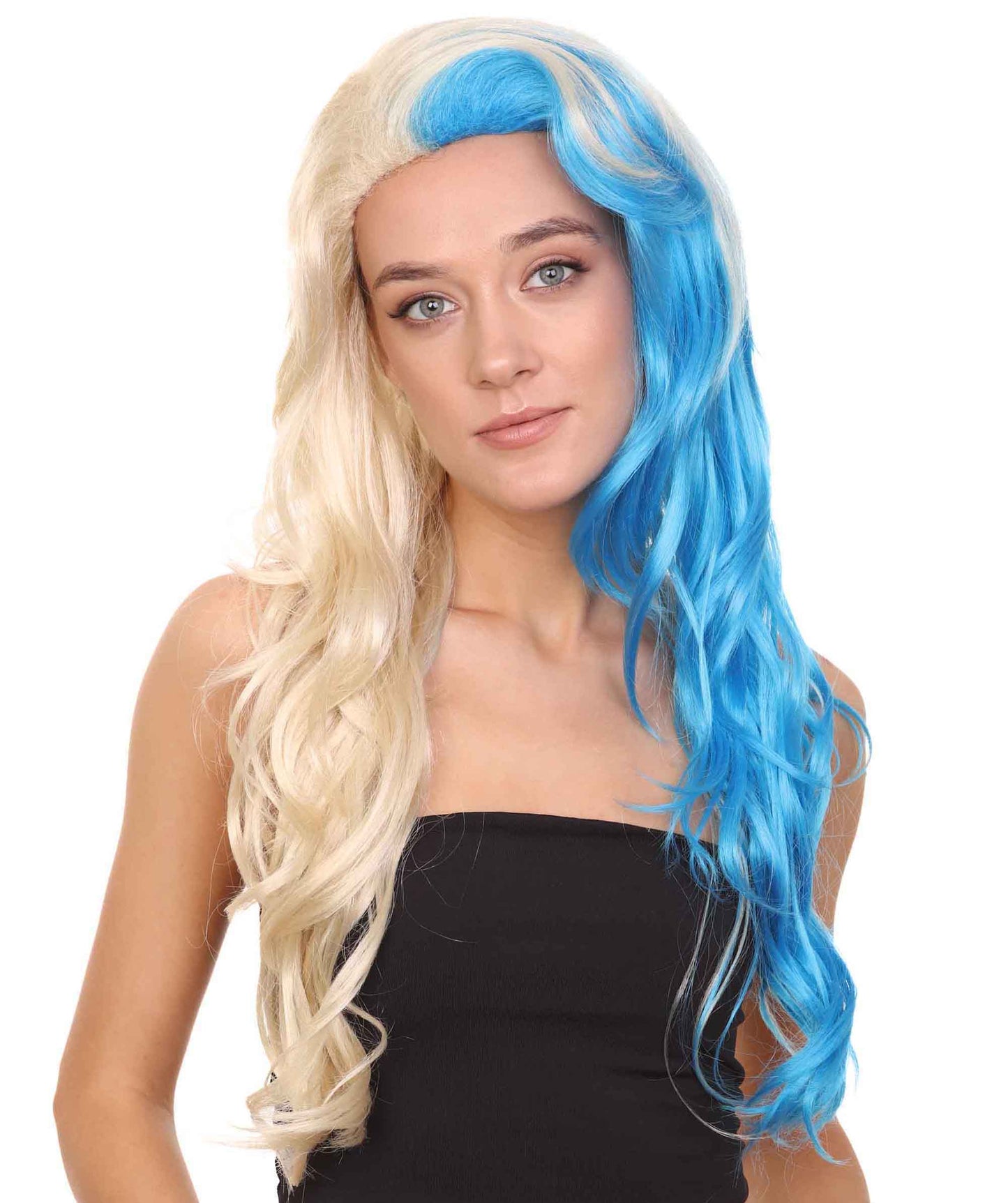 ハーフブロンド&ハーフブルーウィッグ H-3601 ファンシーパーティーイベント用ハロウィンウィッグ プレミアム 通気性の良い キャップレスキャップ