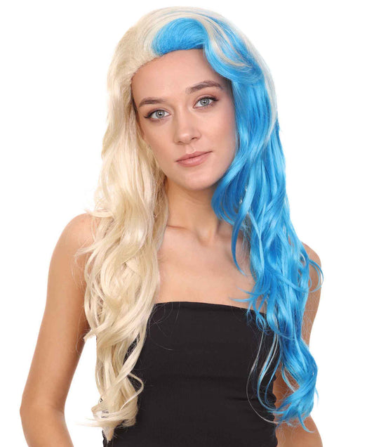ハーフブロンド&ハーフブルーウィッグ H-3601 ファンシーパーティーイベント用ハロウィンウィッグ プレミアム 通気性の良い キャップレスキャップ
