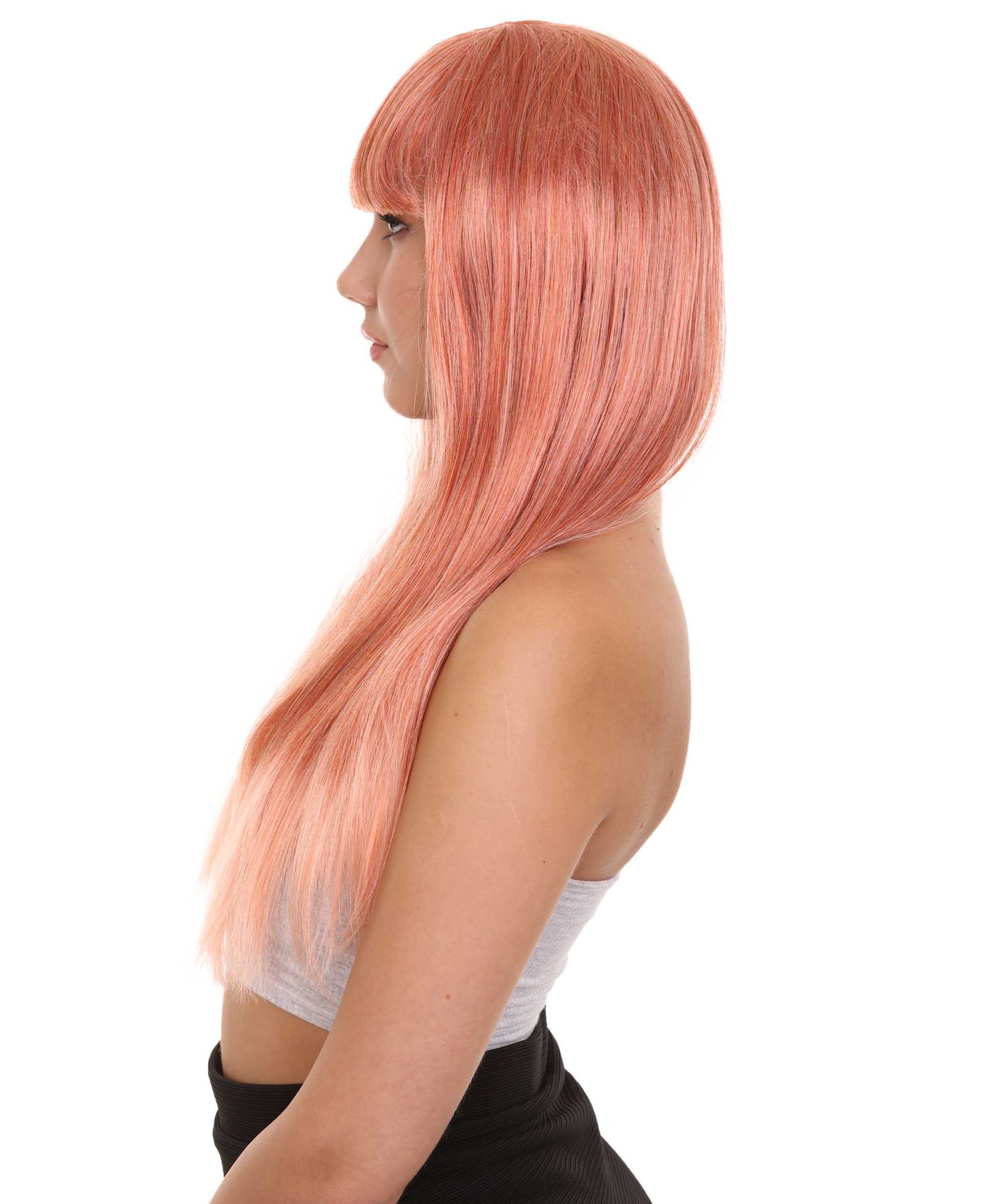 ロングボブピーチ女性用ウィッグ H-3338 華やかなパーティーイベント準備完了のハロウィンウィッグ プレミアム通気性のあるキャップレスキャップ