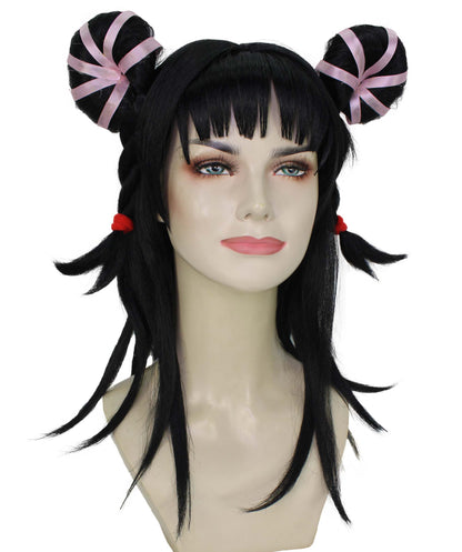 女性用 H-6237 ブラック ロングストレート ダブルバンウィッグ 難燃性合成繊維