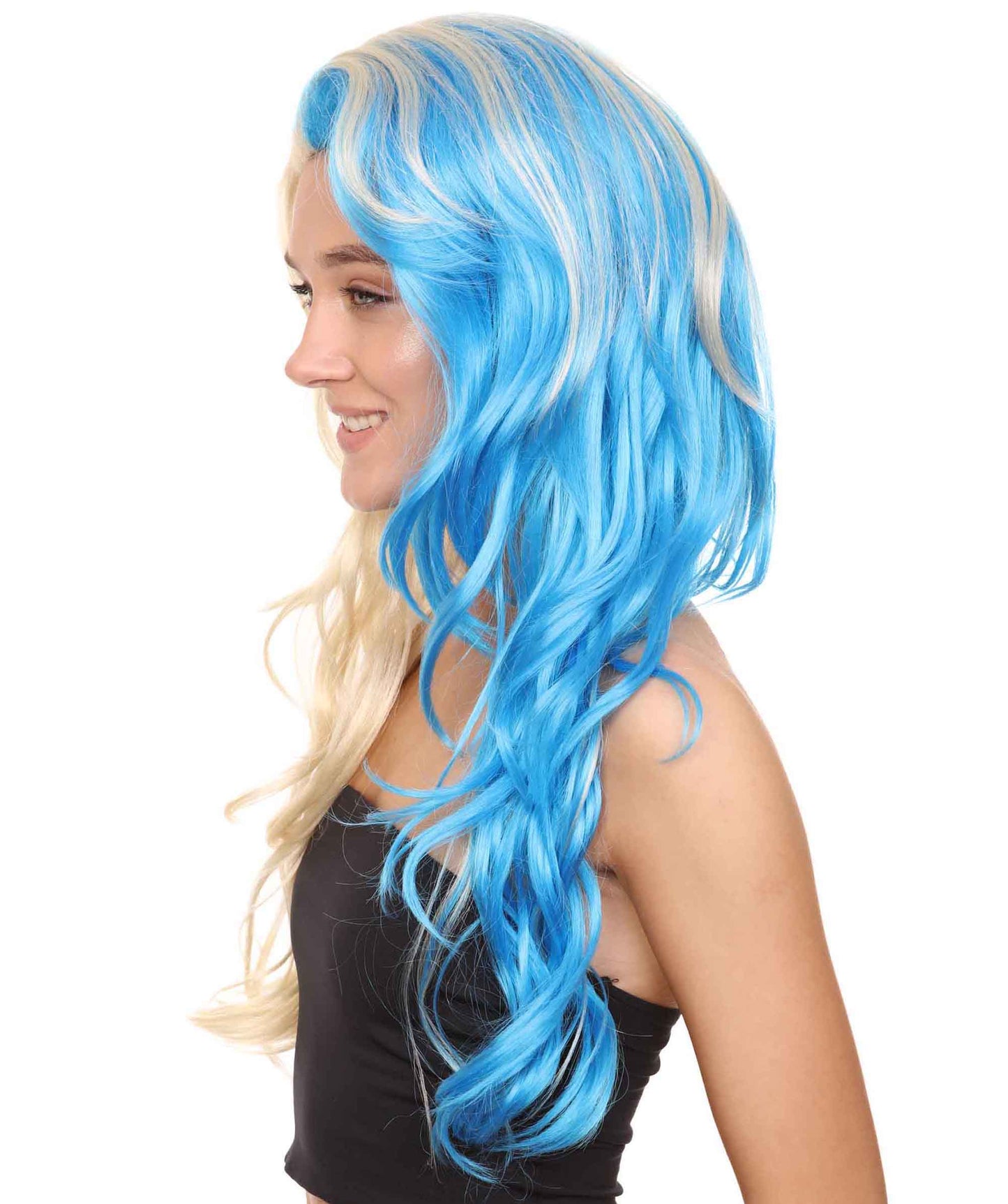 ハーフブロンド&ハーフブルーウィッグ H-3601 ファンシーパーティーイベント用ハロウィンウィッグ プレミアム 通気性の良い キャップレスキャップ
