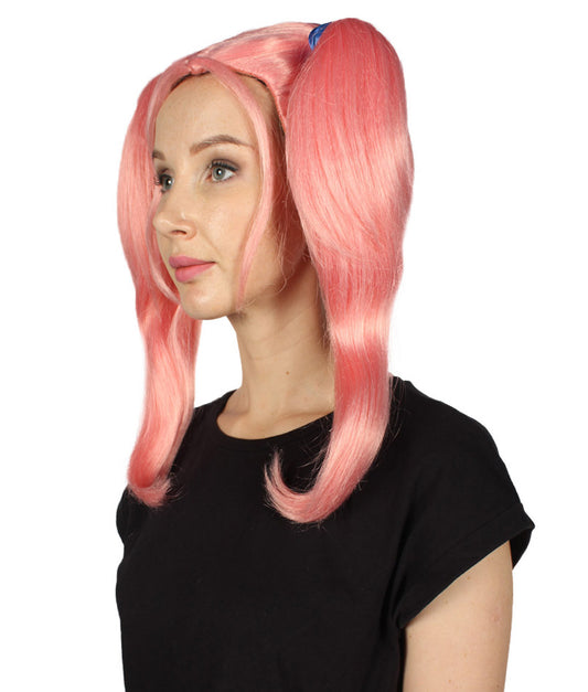 女性用ピンクアップツインテールウィッグ H-3387 パーティーハロウィンウィッグ プレミアム通気性のあるキャップレスキャップ