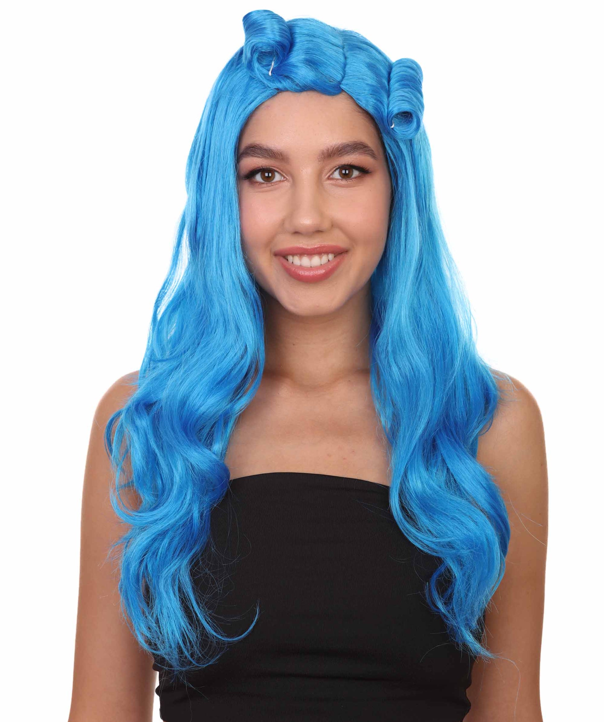 ハロウィンパーティープレミアムレディース H-1714 80年代ビューティーガール ブルーカールウィッグ プレミアム通気性キャップレスキャップ