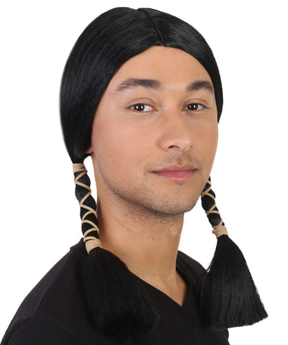 男性用 H-1548 ネイティブアメリカン ブラック ウィッグ コスプレハロウィン ウィッグ プレミアム通気性キャップレスキャップ