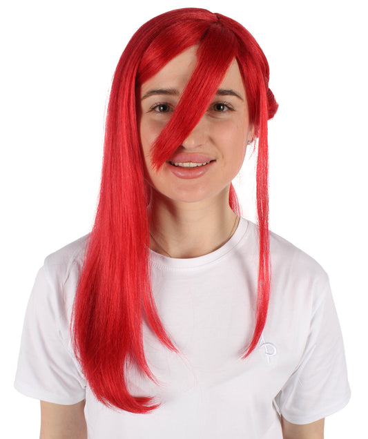 Wigs2you H-6925 大人用ユニセックスサッカーアニメロングレッドコスプレウィッグ（サイドブレイド付き）ハロウィンに最適 難燃性合成繊維