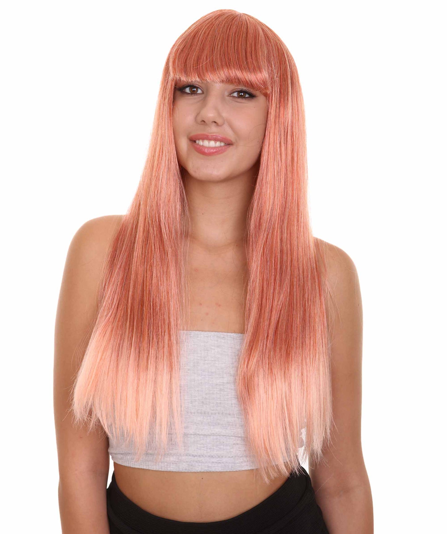 ロングボブピーチ女性用ウィッグ H-3338 華やかなパーティーイベント準備完了のハロウィンウィッグ プレミアム通気性のあるキャップレスキャップ