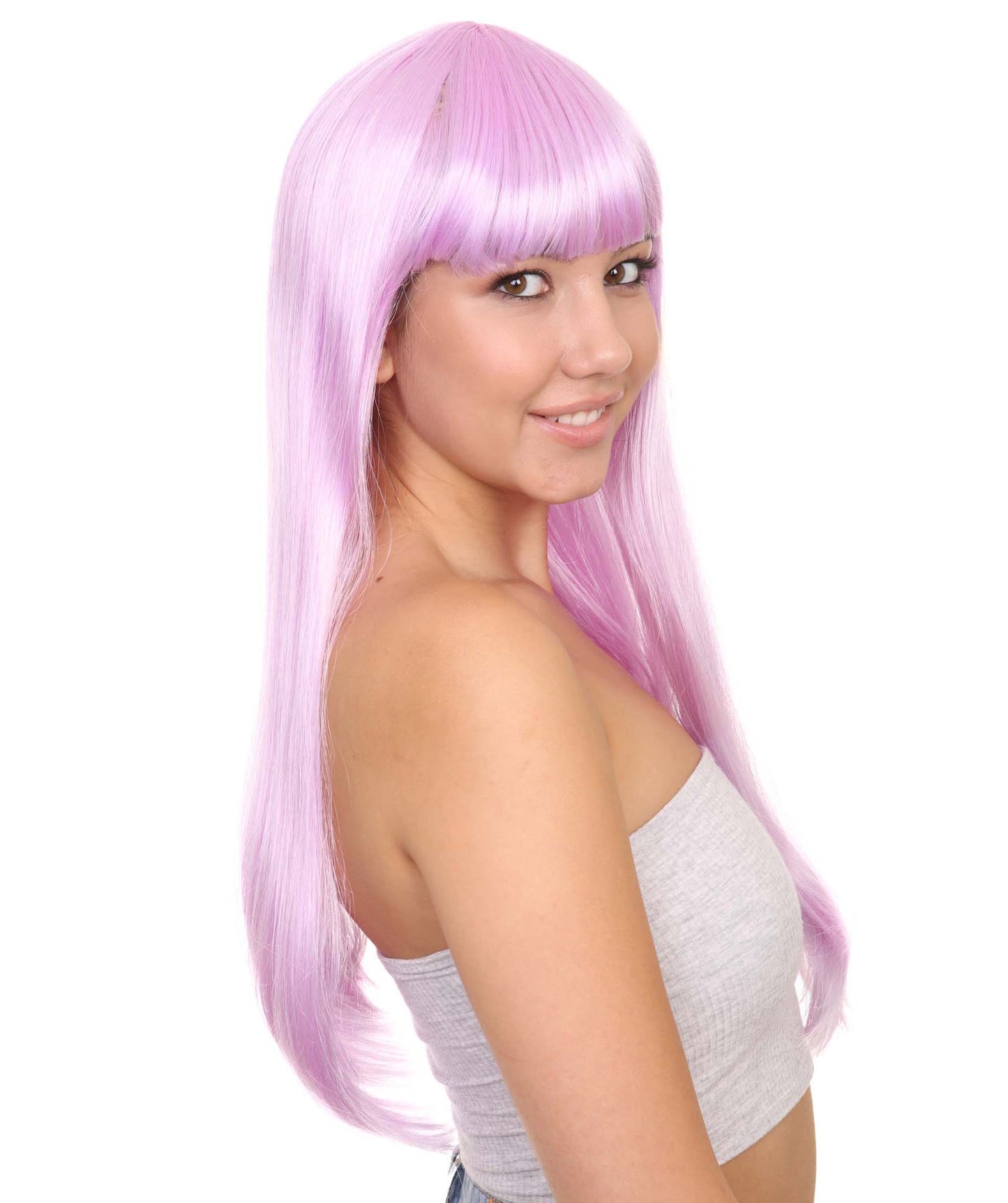 ロングボブライトパープル女性用ウィッグ H-3342 華やかなパーティーイベント準備完了のハロウィンウィッグ プレミアム通気性のあるキャップレスキャップ