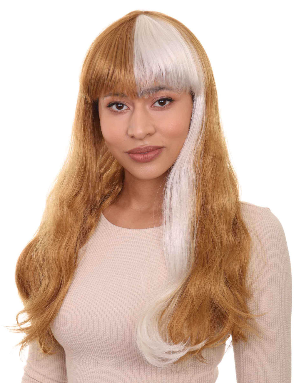 爆発音による婦人用茶色&白いかつら|長い2つの薄い色のついたコスプレかつら|割増空気を通すCaplessなキャップH-447