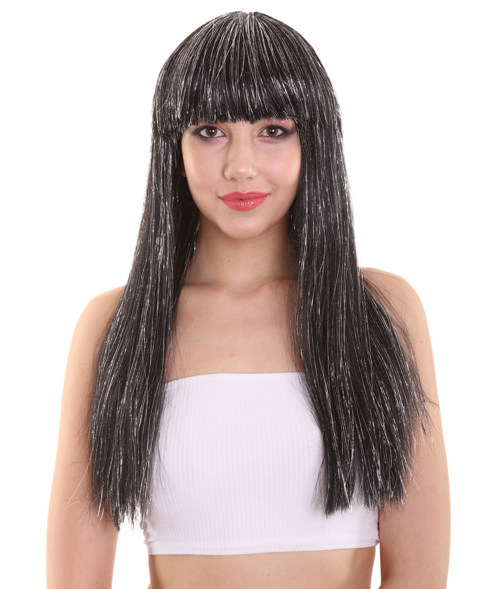 ハロウィンパーティ プレミアムレディース H-5208 ロングベビーブラックウィッグ ティンセルハイライト付き