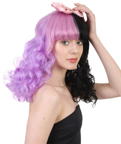 Wigs2you ハロウィン パーティー プレミアム レディース H-927 メラニー ドリー ハーフ パープルとブラック キュリー ウィッグ ピンク リボン カラー