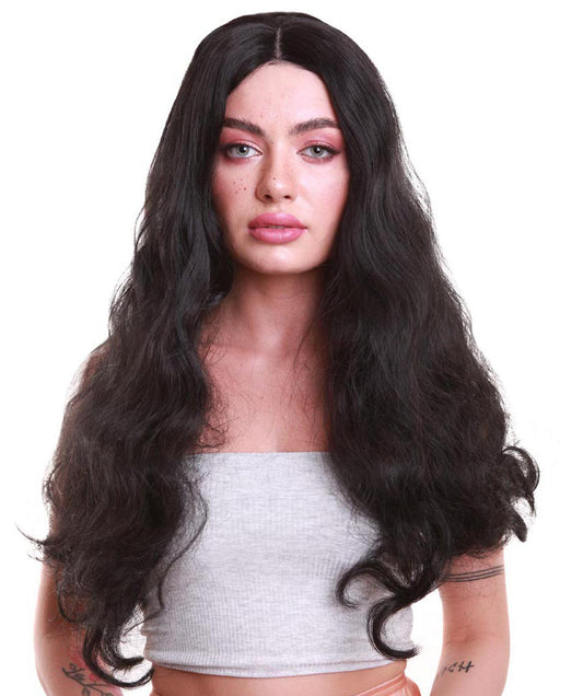 女性 ロング カーリー センターパーティング ブラック ウィッグ H-5094 プレミアム 通気性の良いキャップレスキャップ