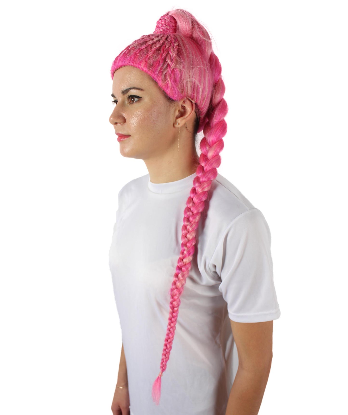 ハロウィンパーティプレミアムレディース H-5745 ドラッグレーステレビ番組ピンク編み込みポニーテールウィッグ