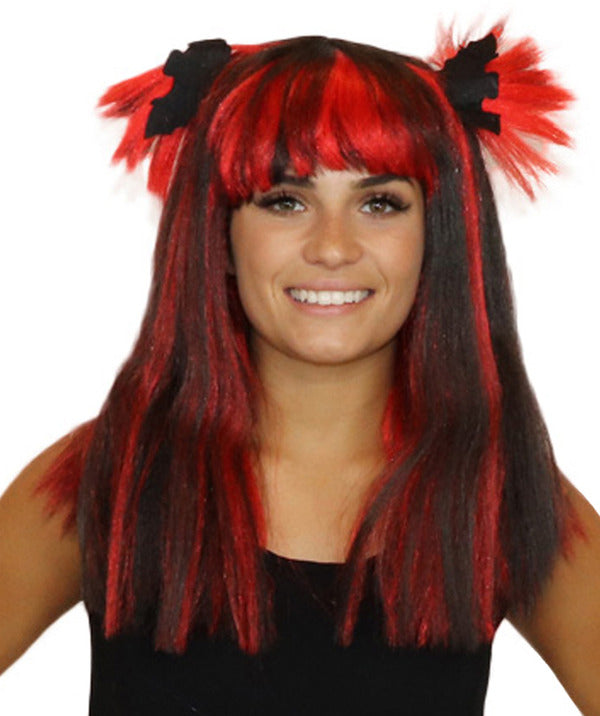 バットブラック&レッドウィッグ H-3607 ミディアムボブコスプレハロウィンウィッグ プレミアム 通気性の良い キャップレスキャップ